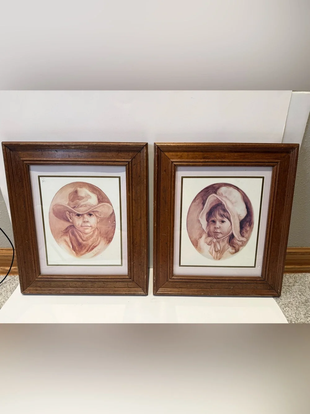 Pair Vintage Val Moller Western Cowboy & Girl Framed Art Prints